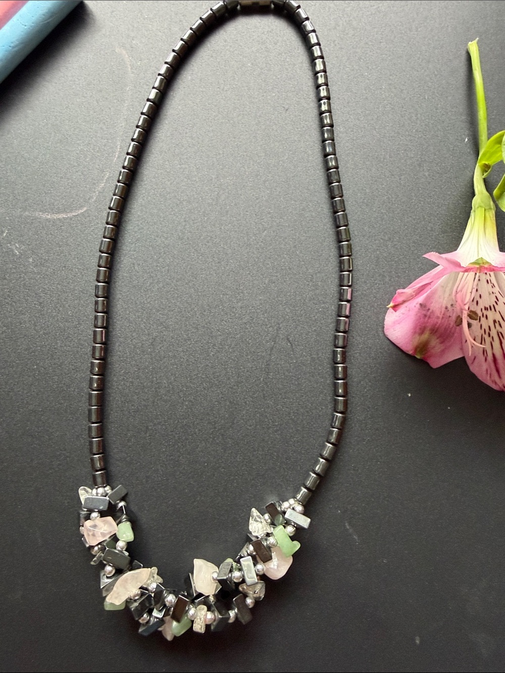 Elegant Hematite Beaded Necklace with Multi-Color Gemstone Cluster